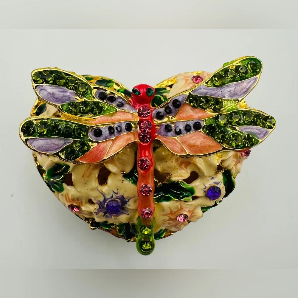 Heart Shape Floral Hinged Trinket Box With Colorful Crystal Jeweled Dragonfly